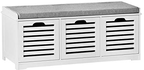 SoBuy Banc Chaussures Entrée Rangement - Meuble à Chaussures avec Coussin Rembourré et 3 Paniers - Banc d’Entrée en Bois pour Couloir - 105x35x43cm, 120kg Charge, FSR23-W