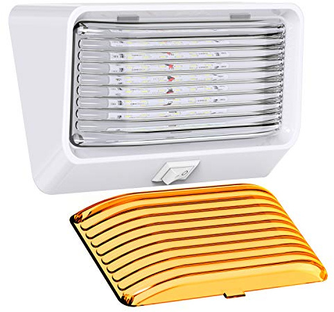 Leisure LED RV Exterior Porch Utility Light with Switch - 12v 280 Lumen Lighting Fixture. Replacement Lighting for RVs, Trailers, Campers, 5th Wheels. White Base, Clear and Amber Lens (White, 1-Pack)
