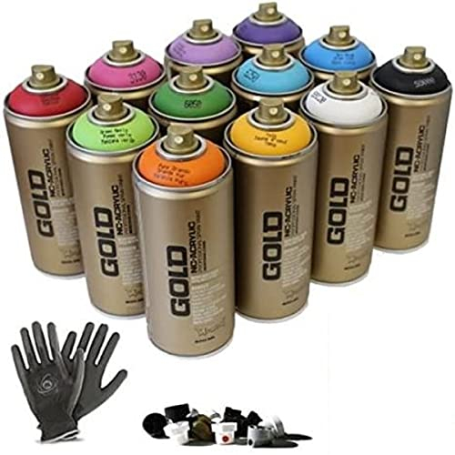 Montana Gold Graffiti-Grundpaket, & nbsp; perfekt für BUCH NICHT INBEGRIFFEN, Schutzhandschuhe, tze Leistungstests, 12 & nbsp; x Spritzfarbenschläuche