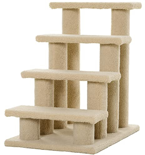 PawHut Katzentreppe 4 Stufen Tiertreppe Treppe für Katze Haustiertreppe Hundetreppe aus Plüsch 61 x 41 x 60 cm Cremeweiß