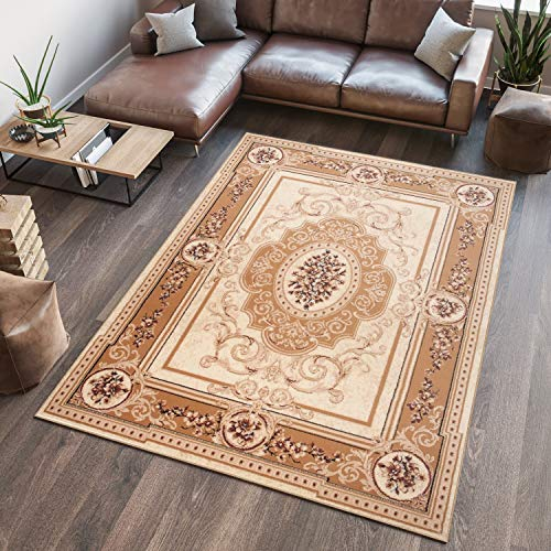 TAPISO Atlas Teppich Kurzflor Beige Creme Braun Orientteppich Floral Bordüre Wohnzimmer Schlafzimmer Klassisch Traditionell Design ÖKOTEX 130 x 190 cm