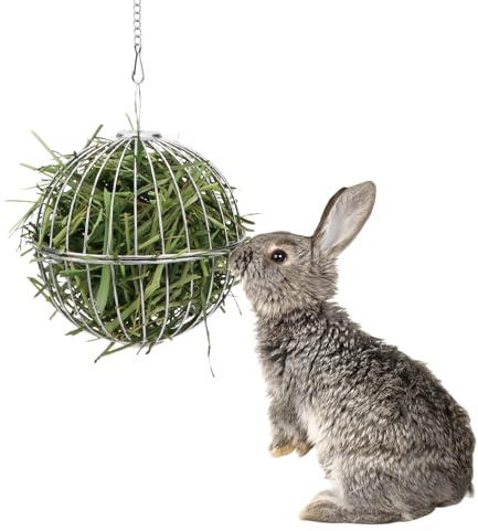 Rabbit Hay Ball Stainless Steel Hanging Feed Dispenser for Bunny Hamster Guinea Pig Rat Chinchilla (A: 5.11inch, Silver)