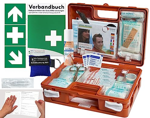 Verbandskoffer/Verbandskasten (K) Typ SN -Paket 1- Erste Hilfe nach aktueller DIN 13157 für Betriebe -DSGVO- INKL. PERFORIERTEM VERBANDBUCH + Sprühpflaster & Notfallbeatmung + AUFKLEBER