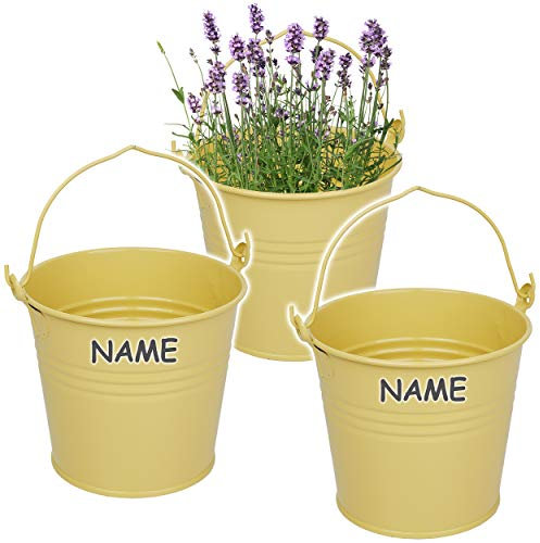Kleiner - Metalleimer/Blumentopf - beige/hell braun/Creme - inkl. Name - 15 cm hoch - 2 Liter - Metall rostfrei - Blech Eimer - rund - mit 3-D Effekt Ri..