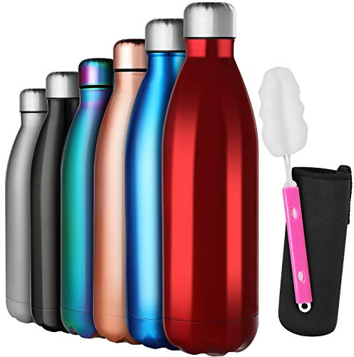 GeeRic Gourde Isotherme 1L, Gourde Inox Isotherme à Double Paroi Isolée sous Vide 12 Heures Chaudes et 24 Heures Boissons Froides Bouteilles Rouge
