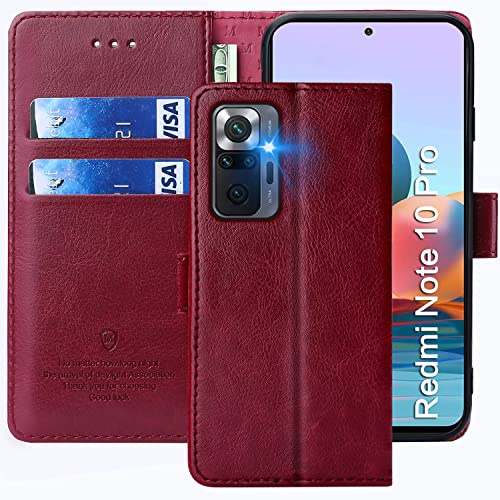 FMPCUON Hülle für Xiaomi Redmi Note 10 Pro/Redmi Note 10 Pro Max Handyhülle [Standfunktion] [Magnetverschluss] Tasche Flip Case Schutzhülle lederhülle klapphülle für Redmi Note 10 Pro/10 Pro Max, Rot
