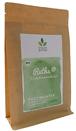 Kräutertee Ruths Teemischung PUTZ!MUNTER von Ruth Pfennighaus, Kräutermischung mit Johanniskraut, Weißdornblätter, Melissenblätter, Pfefferminzblätter, Lavendelblüten und Ringelblumenblüten