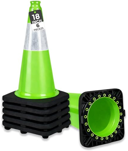 BESEA 6Pack 18 inch Traffic Cones Green Safety Cones PVC Construction Cones with 6 inch Reflective Collar for Home Driveway Road Parking Use(6 Cones)