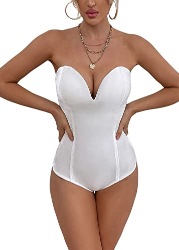 Tomwell Body Vestir para Mujer V Profunda Mono Bodysuit Mangas Largas Sexy Elegante Fiesta Body Leotardo Body Stretch Blusa Blanco M
