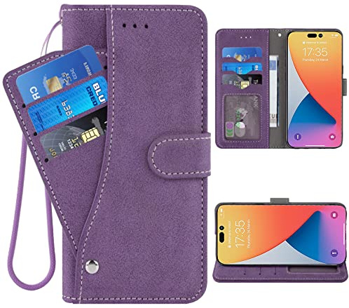 ELISORLI Compatible with iPhone 14 Pro Max 6.7 inch Wallet Case and Wrist Strap Lanyard Leather Flip Card Holder Phone Cover for iPhone14promax 5G i Phone14Max Plus iPhone14 ProMax Women Men-Purple