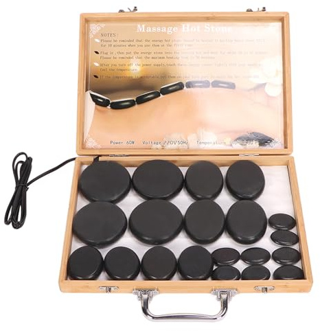 Set Massaggio con Pietre Calde 20 Pezzi Pietre di Basalto Riscaldate Pietre Massaggio Rotonde a Riscaldamento Rapido con Scatola di Bambù Pietre Calde per SPA Elettrica per Massaggi