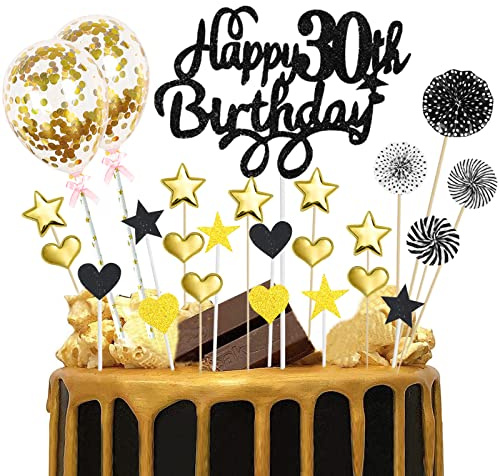 Happy 30th Birthday Cake Toppers Black Gold Glitter Happy Birthday Cake Topper 30th with Star Heart Paper Fan Balloon 25pcs Birthday Cupcake Topper for Men Him Thirty Anniversary Birthday Party Decor