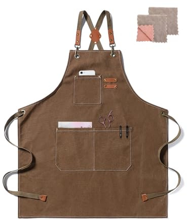 crazy bean Grembiule Cucina Uomo e Donna Tela Grembiule Barbecue con Tasche Croce Posteriore Grembiule Lavoro per Bar Barbecue Cachi