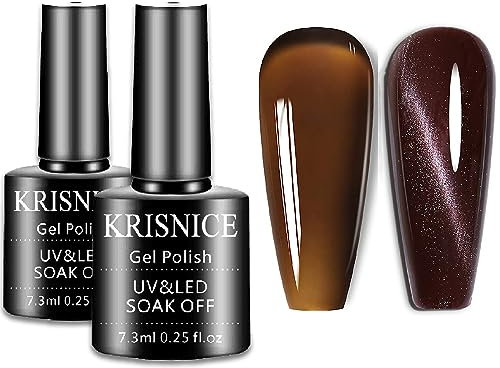 KRISNICE Jelly Crystal Gel Nail Polish Set Brown,Translucent Fall Autumn,1Ps Brown Cat Eye Gel Nail Polish Designs Manicure DIY Home UV LED Soak (KCS2-010)