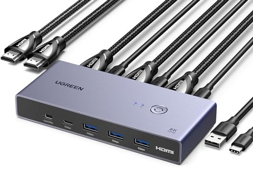 UGREEN 8K@60Hz HDMI KVM Switch, KVM Switcher Support 4K@120Hz, 4 Port USB3.0 Switcher [1 USB C and 3 USB A Port] for 2 Computers Share 1 Monitor and Keyboard, Mouse, Hard Drive, Printer