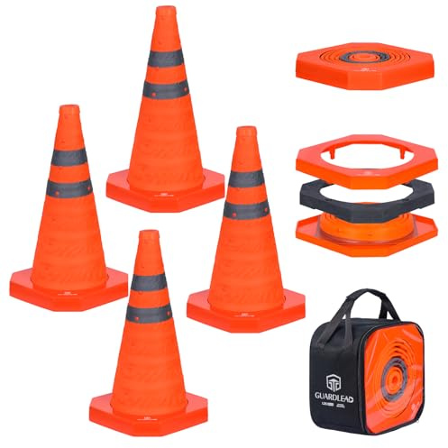 GUARDLEAD 4-Pack Traffic Cones 45 cm (18), Windproof Collapsible Road Cones, Heavy Duty Base (900 g Per Cone), Pop Up Reflective Hazard Cones for Car Breakdown & Parking (4, 18'')