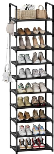 SPUSEN Shoe Rack, 10 Tier Shoe Storage Organizer with Hooks,Fit 20-25 Pairs Shoes,Metal Tall Shoe Shelf for Closet,Entryway,Garage,Bedroom,Cloakroom