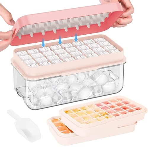 Ice Cube Tray - Cube Ice Ice Trays with Lid & Bin for Freezer - Mini Ice Cube Maker - 64pcs Easy Ice Cube Removal - High-Grade, BPA-Free Silicone - 2 Trays 1 Ice Bucket & Scoop (Pink)