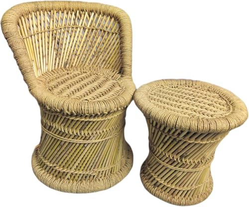 SHIVERO HOMES Handmade Natural Cane Bamboo Mudda Chair Barstool Step Stool for Adults, Kids, Garden Living Room, Kitchen Sitting Seating Finest Wooden Stool Children's Beige with Combo