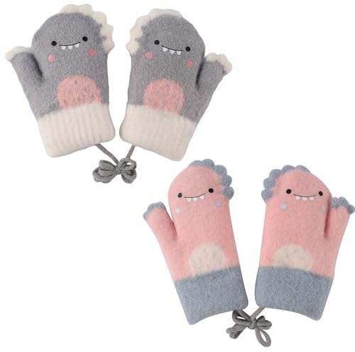 2 pares de guantes de invierno para bebé, manoplas de dibujos animados para bebé, guantes de cuello para niños pequeños, guantes de punto cálidos para bebés, niñas y niños, 34-36, 2-4