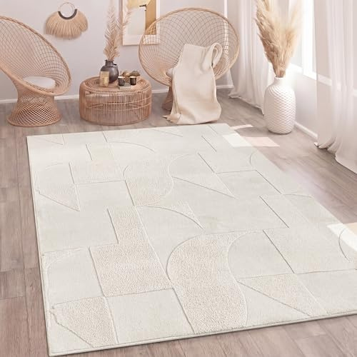 Paco Home Tappeto Soggiorno Camera da letto a pelo alto Morbido Uni 3D Look Facile da curare Design moderno Lavabile Crema, Dimensione:80x150 cm