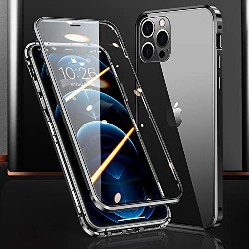 Custodia per telefono magnetica in vetro a doppia faccia con struttura in metallo per iPhone 15 14 13 12 Pro Max X XS 8 7 14 Plus 13 12Mini copriobiettivo per fotocamera, nero, per iPhone 13 Pro