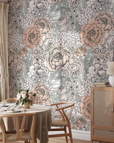 Coloritto Gentle Vintage Wallpaper | Peony Flowers Removable Self Adhesive Botanical Wallpaper | Floral Peel and Stick Wall Decor (Sample 12 W x 8 H)