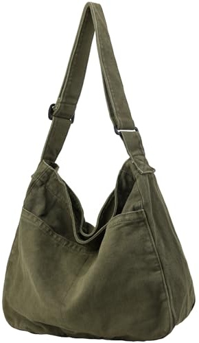 DAINAOTM Sac fourre-tout en toile décontracté style Hobo - Sac à bandoulière et à épaule pour femmes et hommes - Grand sac à main - Sac messager pour voyage et travail, 1 vert kaki., Large
