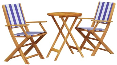 vidaXL Bistro Set 3-TLG., Balkonset mit Klappdesign, Sitzgruppe für Garten Terrasse Balkon, Gartenmöbel Gartengarnitur, Blau Weiß Stoff Massivholz