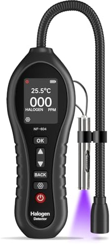 Halogendetektor Halogen Gas Detektor Klimaanlage Kältemittel Leck Detektor, 0-1000ppm Halogen Freon Leck Detektor HVAC CFCs HCFCs HFCS R12 R22 R134a R410a mit 25cm Sonde für Gaslecks