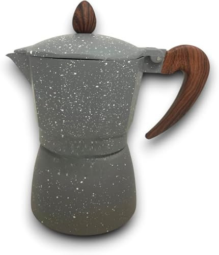 Generico Caffettiera Moka Classica Disponibile in Versioni da 1, 2 o 3 Tazze Design Elegante in Alluminio Verniciato Manico Ergonomico Antiscottatura Effetto Legno, Caffè Italiano (Grigio - 3 tazze)