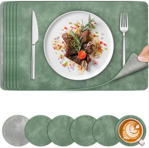 Placemats and Coaster Sets 6 | Faux Leather Place Mats and Coasters Heat Resistant | Wipeable Washable Dual-Sided Cowhide Table Mats | Table Placemat for Indoor Outdoor | 44.5 x 30cm | Green & Grey