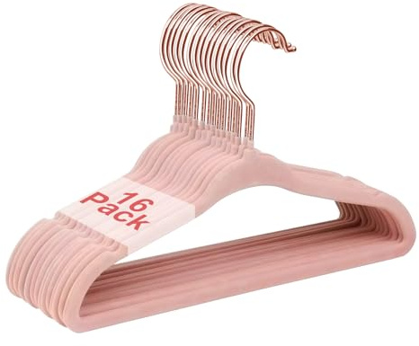 Wellong Baby Velvet Hangers, 28cm Kids Clothes Hangers, Non-Slip Childrens Hangers for Infant and Toddler 16 Pack Pink - Rose Gold Hook