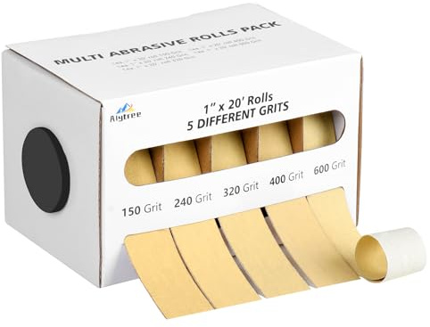 5 Grits Emery Cloth Roll, 150 240 320 400 600 Grits Abrasive Sandpaper Rolls, 1 x 20 Ft Yellow Sand Paper for Wood, Furniture Metal & Wall, 5 Rolls of Wet and Dry sandpaper with Dispenser