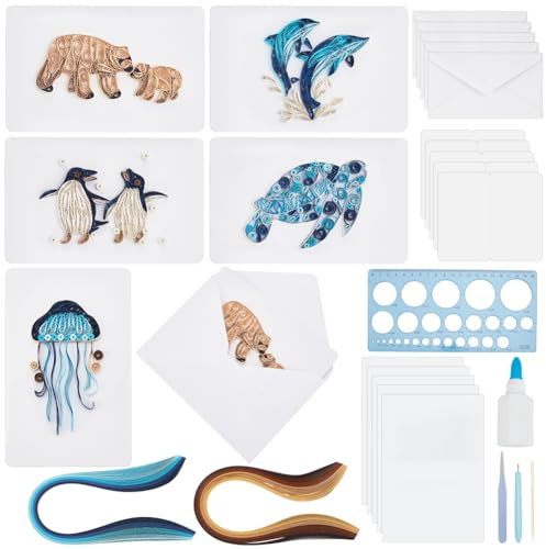 WEBEEDY 20er Set Papier Quilling für Erwachsene DIY Meerestiere Grußkarten Set mit Anleitung 5 Stile Tier Eisbär Meeresschildkröte Wal Pinguin Qualle Karten