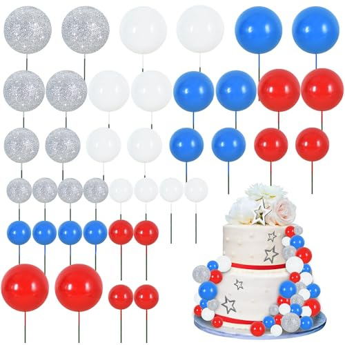 RIBBOOO 40 Pcs Ball Cake Toppers Insert Balls Cake Decorations Foam Balls Cake Toppers DIY Cake Ornament for Birthday Baking Baby Shower Anniversary and Wedding Party (Red White Blue Silver)