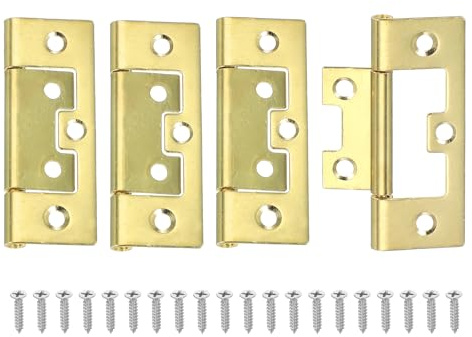sourcing map Non-Mortise Door Hinges, 2.5 x 1 Non Mortise Bifold Butt Door Hinges Heavy Duty Steel Flush Cabinet Hinges with M4 Screws for Bathroom Windows Cupboard Gold Pack of 4