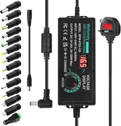 Power Supply 5A 120W Adjustable Variable AC/DC Adapter Charger, 100V-240V AC to DC 3V~24V Converter with LED Voltage Display & 14 Tips & Polarity Converter (5A)