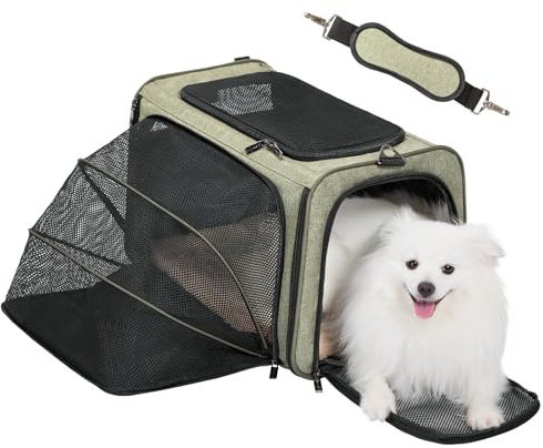 Petsfit Faltbare Transporttasche für Katzen & Hunde, einseitig erweiterbare Katzentransportbox mit Schultergurt, aus stabilem Oxford-Gewebe, Faltbare Hundetransportbox, praktische Reise
