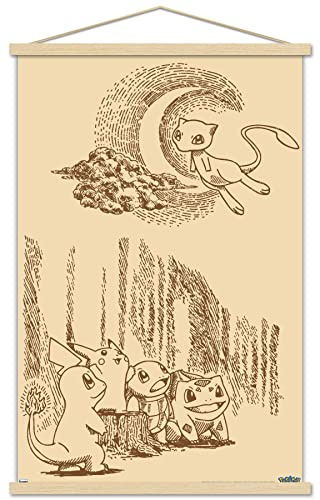 Trends International Pokémon - Sepia Scene Wall Poster with Magnetic Frame, 34L x 22.4W, Print and Beechwood Hanger Bundle