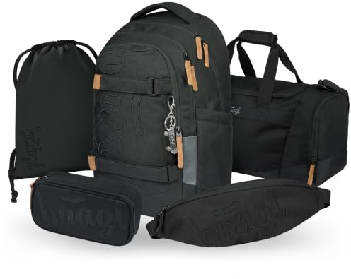 Baagl Skolryggsäck set pojkar flickor tonåringar 5 delar, (skateboard ryggsäck skridskoåkning MAX, pennfodral, gymnastikväska, sportväska, midjeväska), ergonomisk skolväska, 30 l, Mörk, L