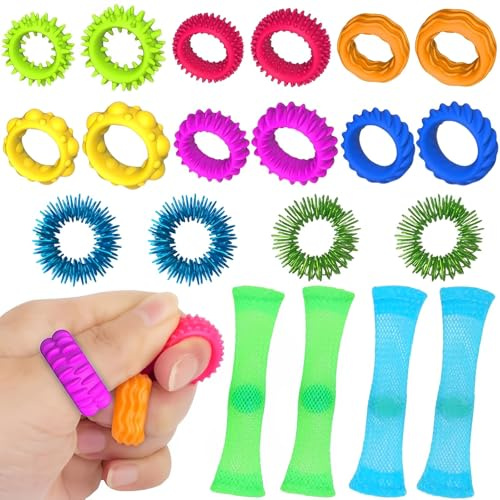 20 Stück Fidget Toys Set - 12 Fidget Ring 4 Akupressur Ring 4 Gewebter Netzschlauch, Skills Set, Sensorik Spielzeug, Anti Stress Spielzeug, für Anxiety ADHD Stresslinderung