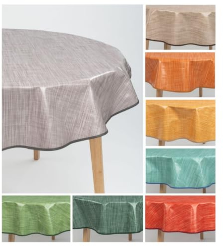 laro 140cm Runde Wachstuch Tischdecke Abwaschbar mit Saum-Eingefasst-Paspelband, Leinenoptik Grau Meliert, PVC Material, Rund 140cm