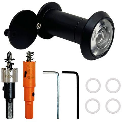 WanderGo Spioncino da porta grandangolare a 200° con frangivista in lega di zinco, Ø 16 mm, spioncino con legno e metallo, lunghezza regolabile, occhio di gatto, per porte da 35 a 60 mm (nero)