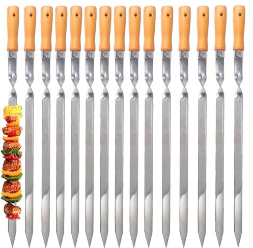 ZMC 15 spiedini per kebab, in acciaio inox, 55 cm, larghezza 2 cm, spessore 2 mm, con manico in legno, antiruggine, per carne, verdure, pesce, stabili e riutilizzabili per barbecue e barbecue