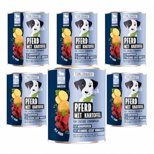 Hundefutter Nass 6x800g Pferd & Kartoffeln – Hunde Nassfutter Wet Dog Food | Tierärztlich entwickeltes Hundenassfutter 800g Dosen mit 94% Fleischanteil – Dog Food leicht verdaulich von TIERLIEBHABER