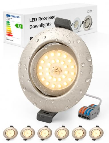 Foco Empotrable LED Techo IP44 Baño Ojos de Buey Interior AC 220V-240V Foco Encastrable Rotable 38° Níquel, Downlight Ø68mm - 80mm para Cuisina Pasillo Lampara Redondo 4.7W 760LM 3000K, Pack de 6
