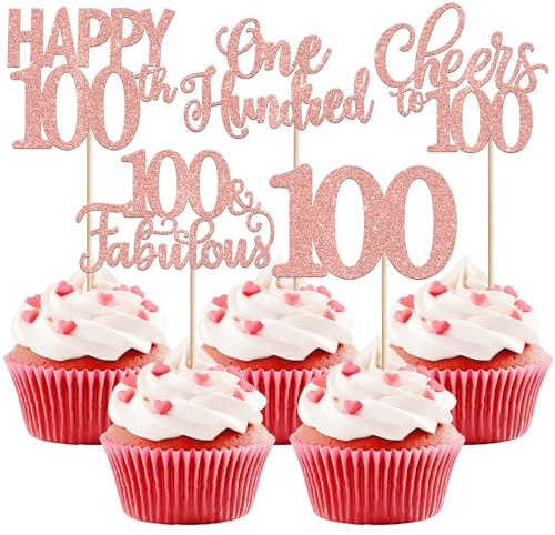30 Stück 100th Geburtstag Tortendeko Glitzer Hello 100 Fabulous Cheers to 100 Cupcake Toppers One Hundred Kuchen Deko für 100th Geburtstag Jahrestag Party Kuchen Dekoration Rosegold