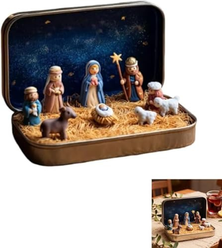 Mini Christmas Nativity Set in a Tin Box, The Nativity, Portable Pocket Nativity Scene Decoration Set, Carry the Story of Christmas with Holy Family Sheep and Jesus Figurines for Friends (1PC)