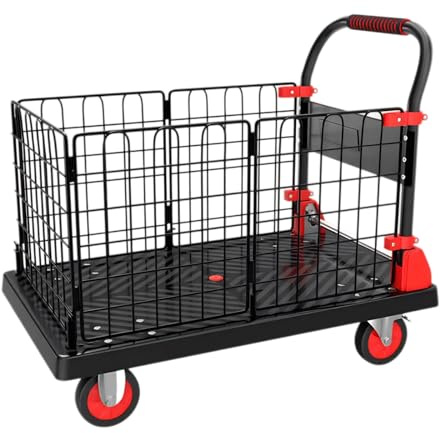 Schwerlastwagen Plattformwagen mit abnehmbarem Drahtzaun, 200/400 kg Kapazität, TPR-Räder mit Bremse, mobile Sackkarre, Maße 90 x 60 x 100 cm, ideal für Lager & Industrie